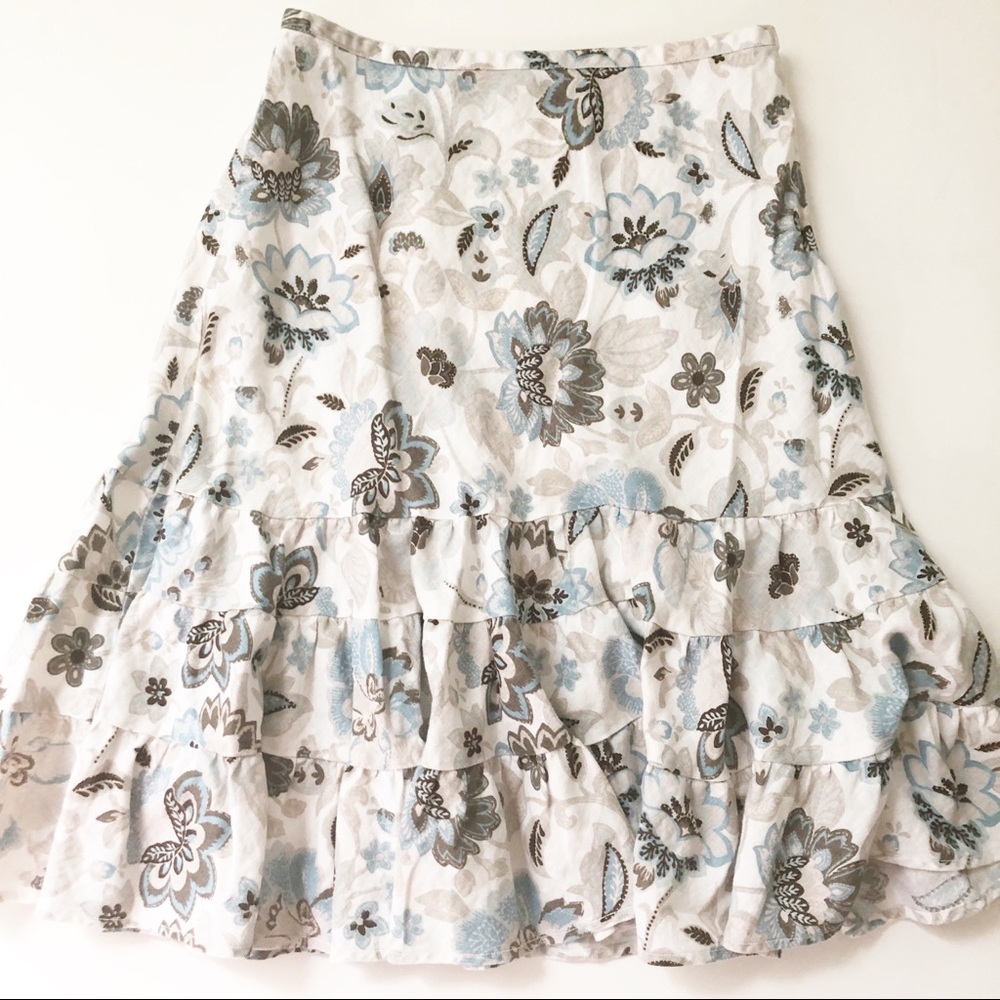 Ann Taylor Linen Ruffle Floral Midi Skirt